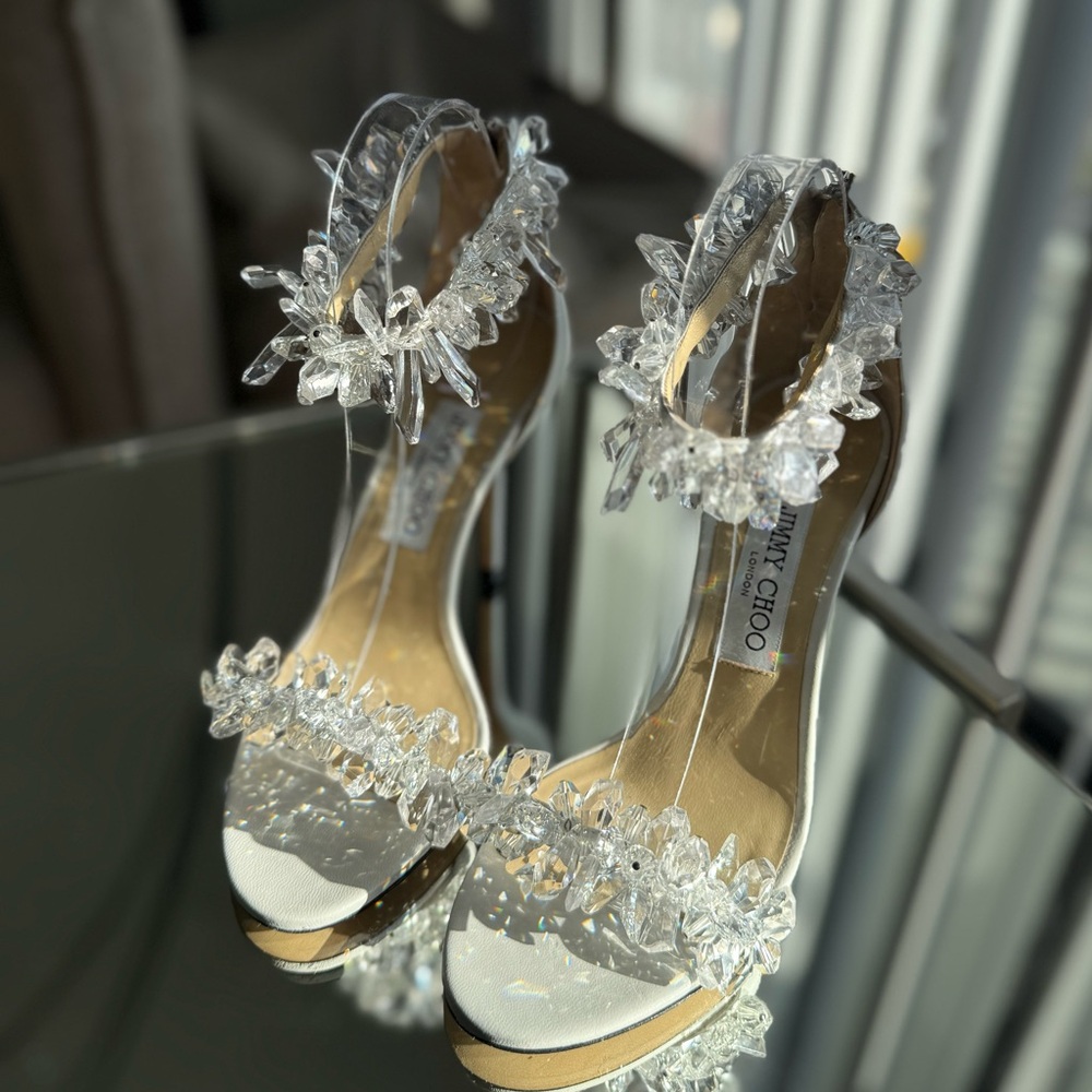 New Jimmy Choo White Maisel 100 Crystal Embellished Leather Sandals 38 - Picture 7 of 17
